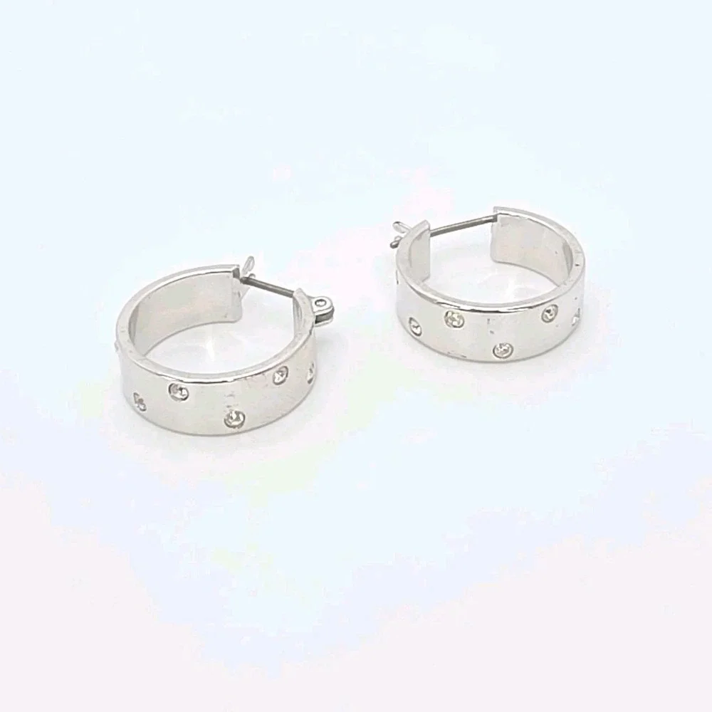 Vintage SWAROVSKI Signed Hoop Earrings Wide Crystal Studded Rhodium Plate Hinged